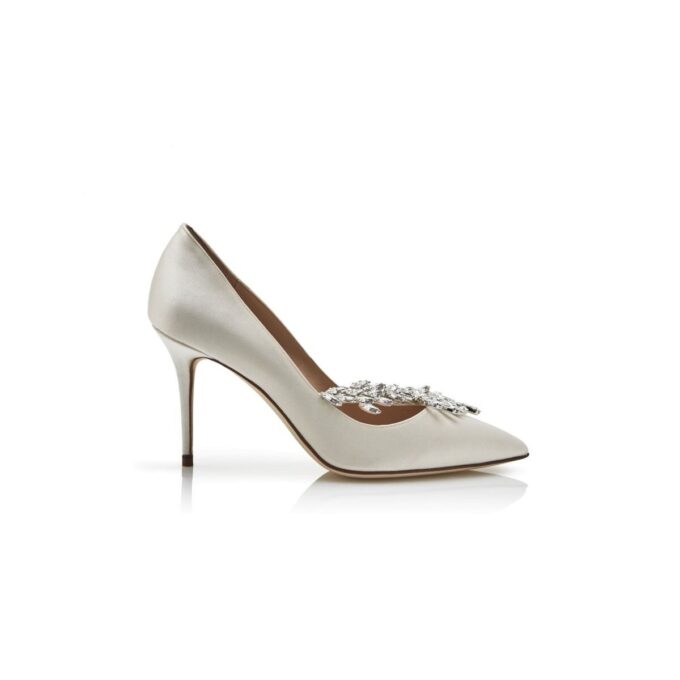 NADIRA White Satin Jewel Buckle Pumps