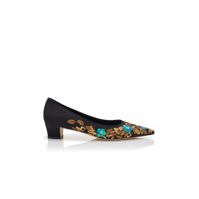 OKKADELA Black Crepe de Chine Embroidered Pumps