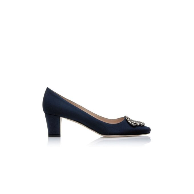 OKKATO Navy Crêpe De Chine Jewel Buckle Pumps