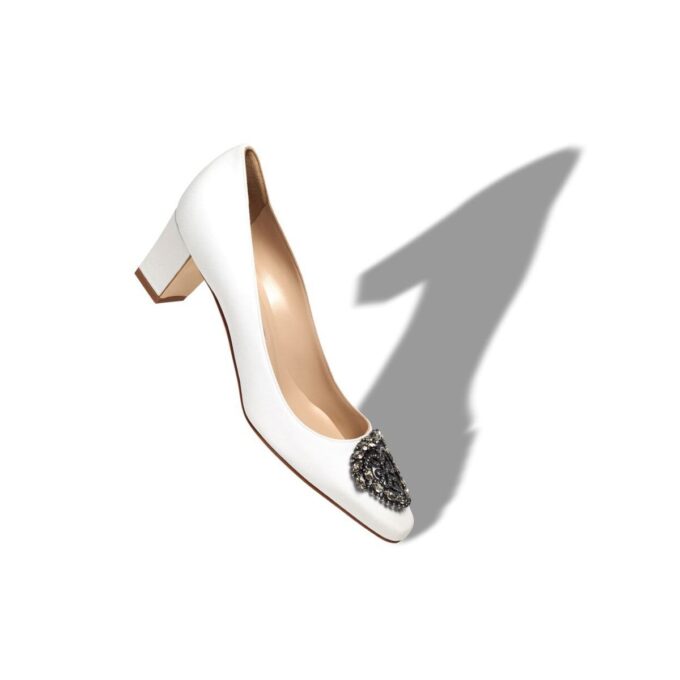 OKKATO White Crepe De Chine Jewel Buckle Pumps