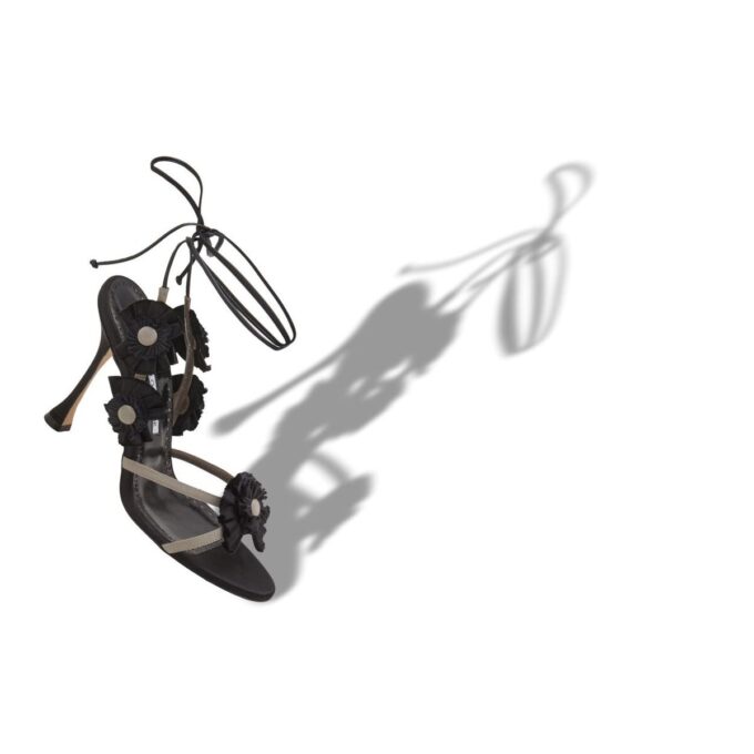 PALISSOT Black Silk Rosettes Detail Ankle Strap Sandals