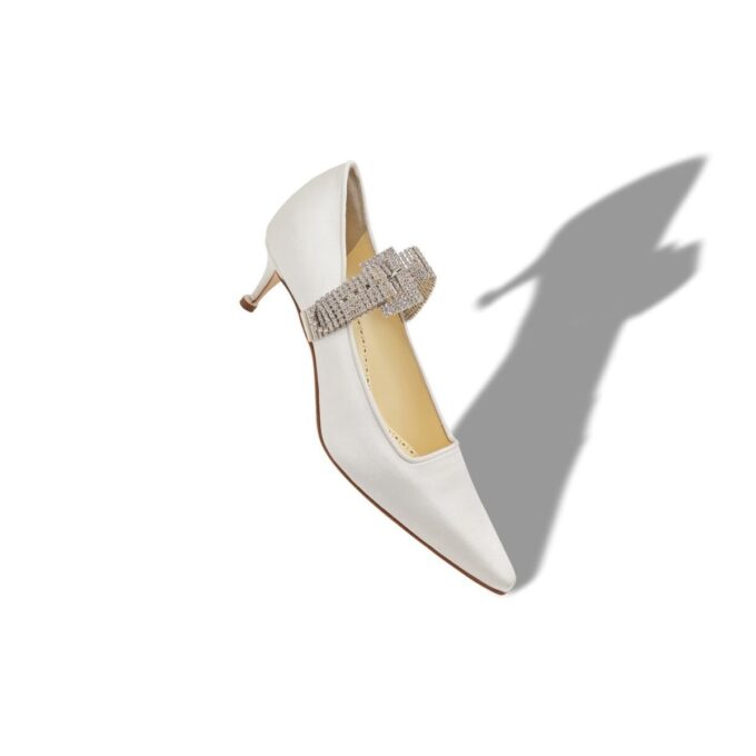 PEPA Light Cream Satin Crystal Embellished Strap Pumps