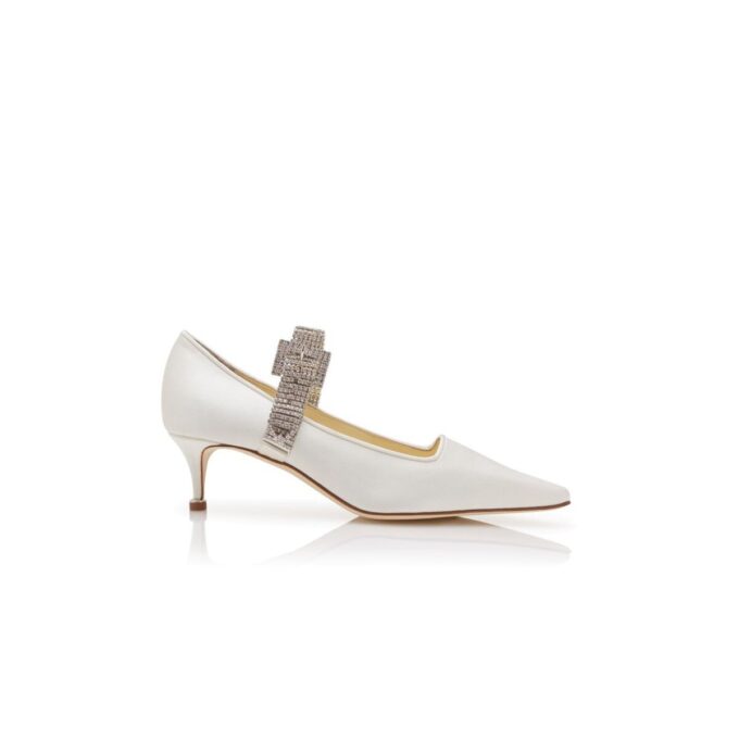 PEPA Light Cream Satin Crystal Embellished Strap Pumps