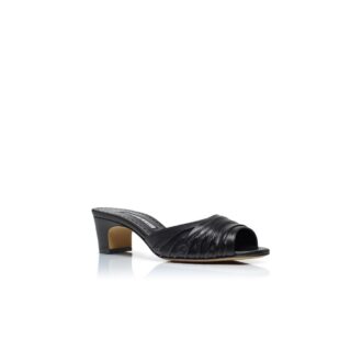 PIRUABAR Black Nappa Leather Ruched Open Toe Mules
