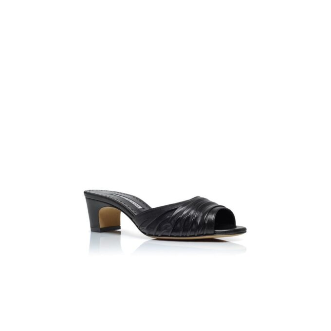 PIRUABAR Black Nappa Leather Ruched Open Toe Mules