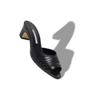 PIRUABAR Black Nappa Leather Ruched Open Toe Mules