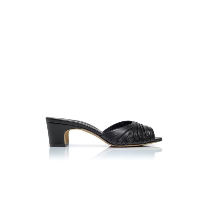 PIRUABAR Black Nappa Leather Ruched Open Toe Mules