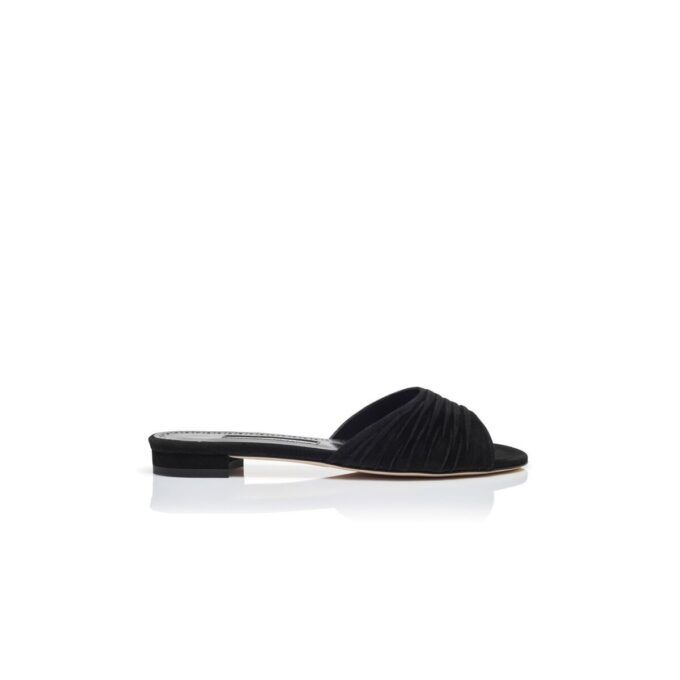 PIRUAFLAT Black Suede Ruched Detail Flat Sandals