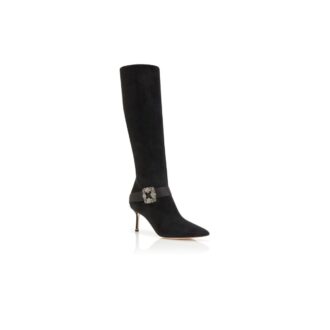 PLINIAHI Black Suede Jewel Buckle Knee High Boots