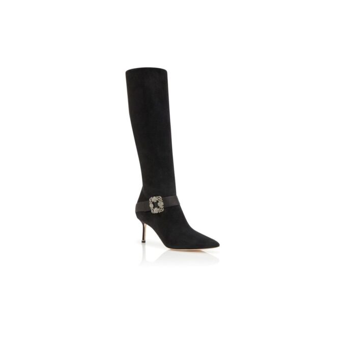 PLINIAHI Black Suede Jewel Buckle Knee High Boots