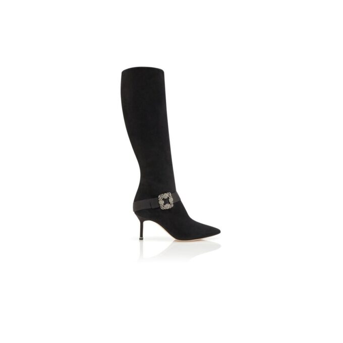 PLINIAHI Black Suede Jewel Buckle Knee High Boots