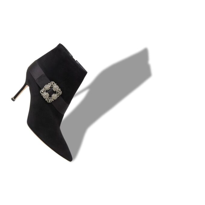 PLINIANU Black Suede Jewel Buckle Ankle Boots