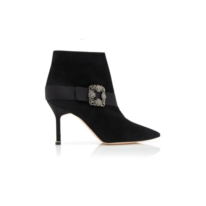 PLINIANU Black Suede Jewel Buckle Ankle Boots