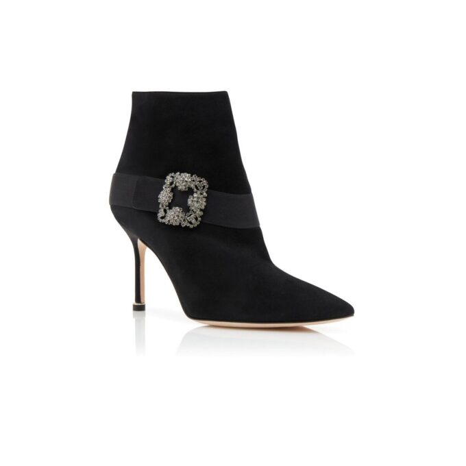 PLINIANU Black Suede Jewel Buckle Ankle Boots