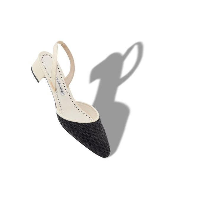 RAFFRO Cream and Black Raffia Slingback Pumps