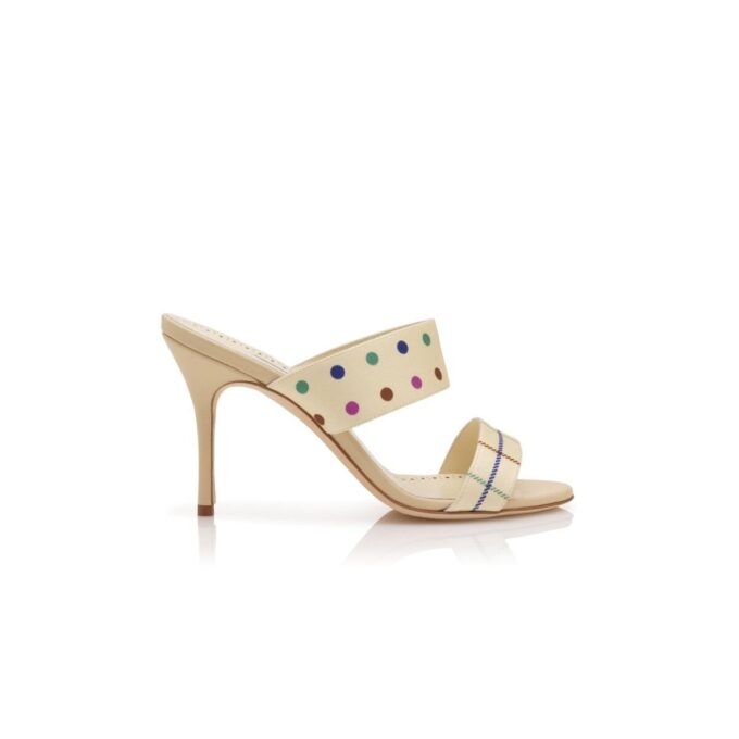 RALOTAPLA Cream Silk Check and Polka Dot Detail Mules