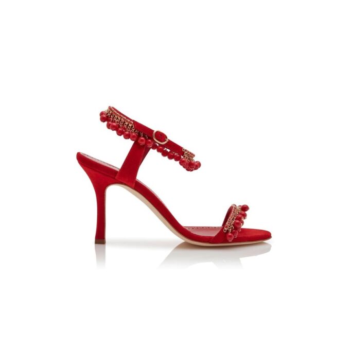 RAVELLANU Red Suede Jewel Embellished Sandals