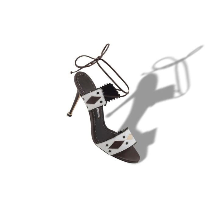 RENTI Dark Brown and White Nappa Leather Ankle Strap Sandals