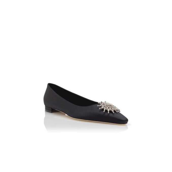 RONCONAFLAT Black Satin Crystal Embellished Flat Pumps