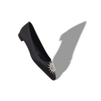 RONCONAFLAT Black Satin Crystal Embellished Flat Pumps