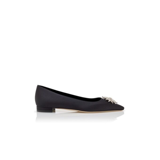 RONCONAFLAT Black Satin Crystal Embellished Flat Pumps