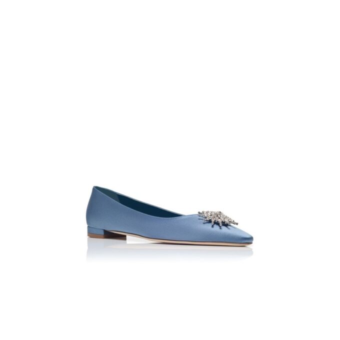 RONCONAFLAT Blue Satin Crystal Embellished Flat Pumps