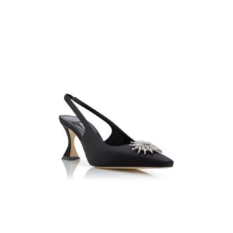 RONCONASLI Black Satin Crystal Embellished Slingback Pumps