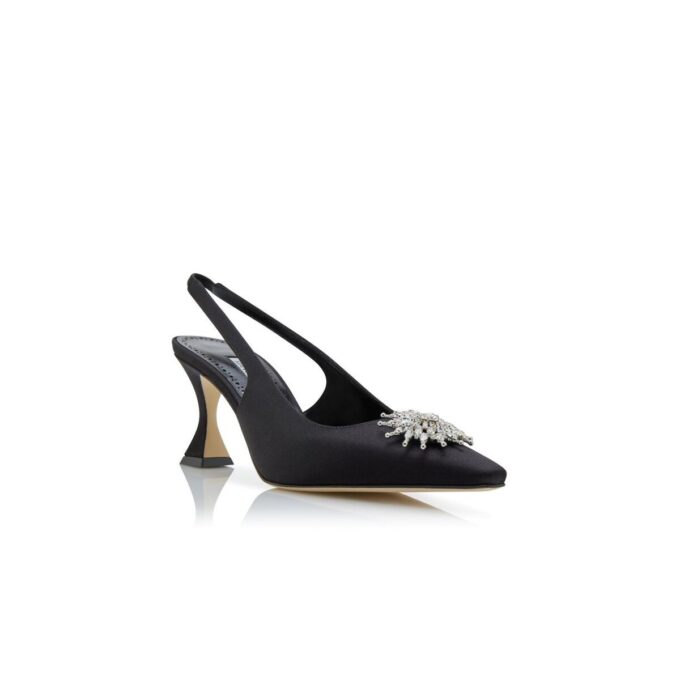 RONCONASLI Black Satin Crystal Embellished Slingback Pumps