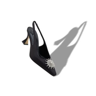 RONCONASLI Black Satin Crystal Embellished Slingback Pumps