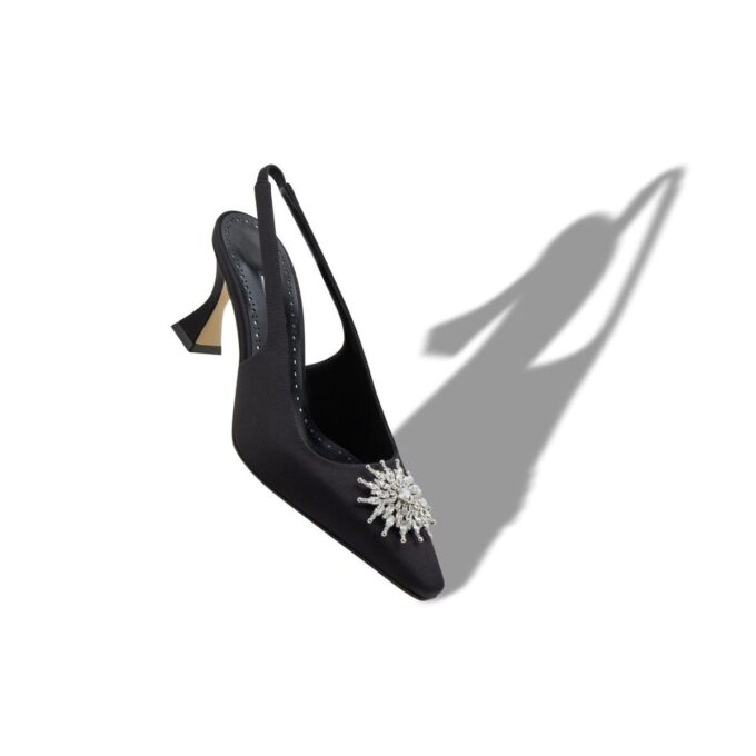 RONCONASLI Black Satin Crystal Embellished Slingback Pumps