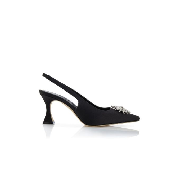 RONCONASLI Black Satin Crystal Embellished Slingback Pumps