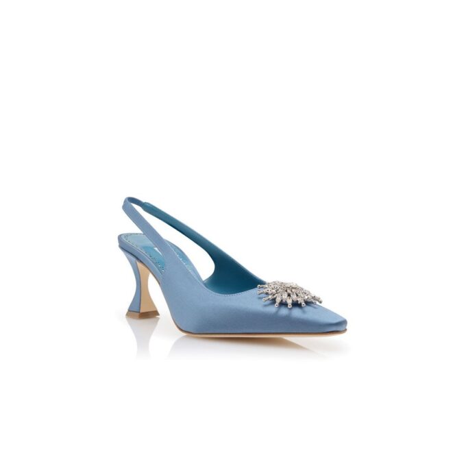 RONCONASLI Blue Satin Crystal Embellished Slingback Pumps