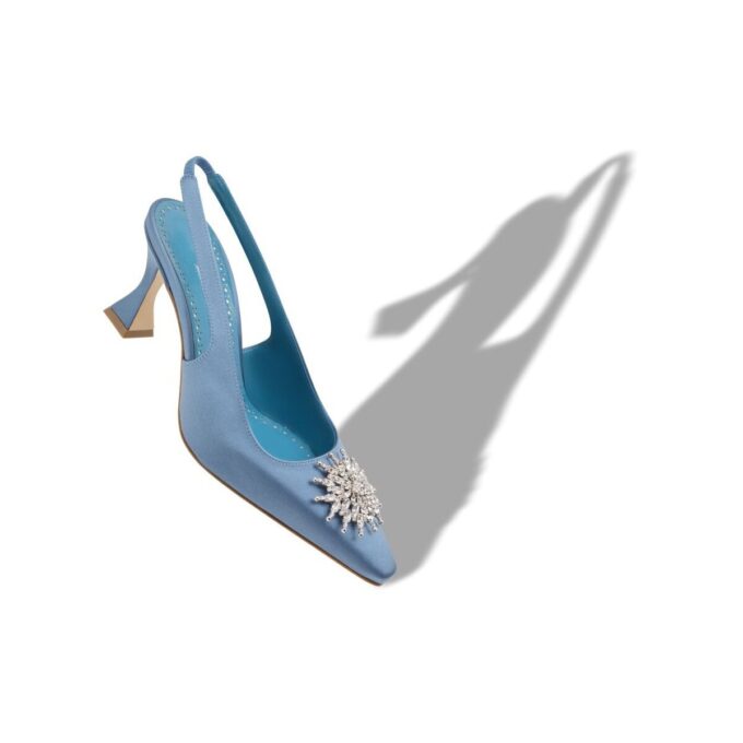 RONCONASLI Blue Satin Crystal Embellished Slingback Pumps