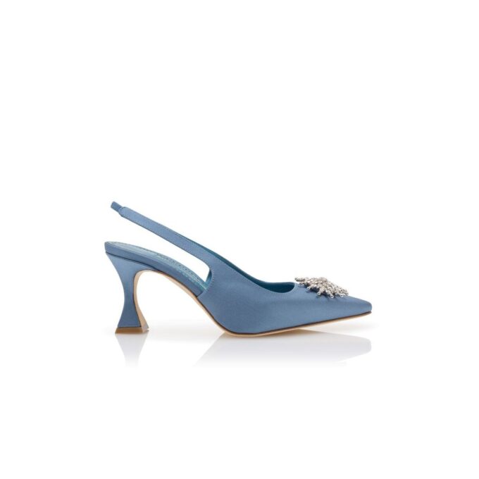 RONCONASLI Blue Satin Crystal Embellished Slingback Pumps