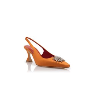 RONCONASLI Orange Satin Crystal Embellished Slingback Pumps