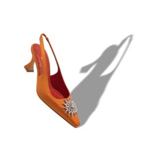 RONCONASLI Orange Satin Crystal Embellished Slingback Pumps