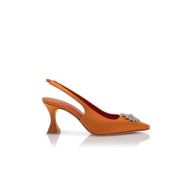RONCONASLI Orange Satin Crystal Embellished Slingback Pumps