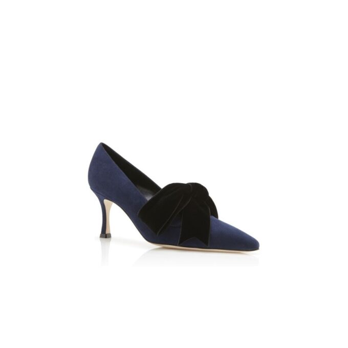 SERBA Navy Blue Suede and Velvet Bow Detail Pumps
