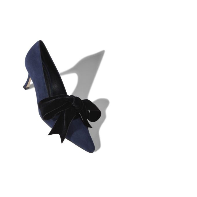 SERBA Navy Blue Suede and Velvet Bow Detail Pumps