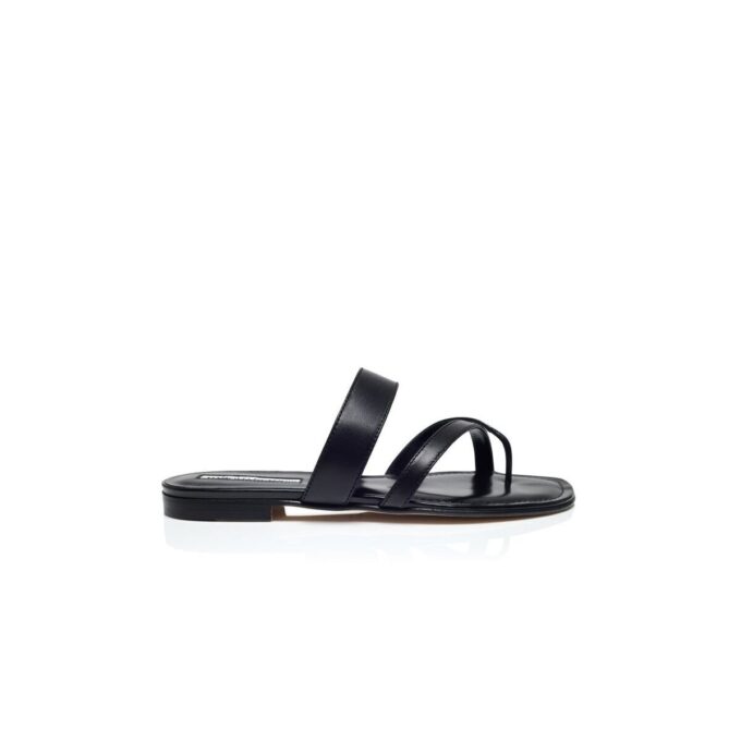 SUSA Black Nappa Leather Crossover Flat Sandals