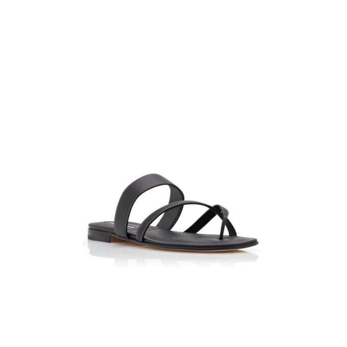 SUSACRU Black Calf Leather Crossover Flat Sandals