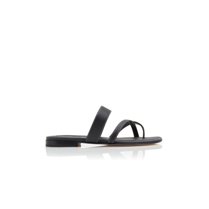 SUSACRU Black Calf Leather Crossover Flat Sandals