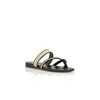 SUSARA Black and Beige Raffia Flat Sandals
