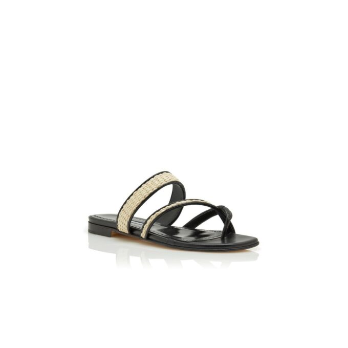 SUSARA Black and Beige Raffia Flat Sandals