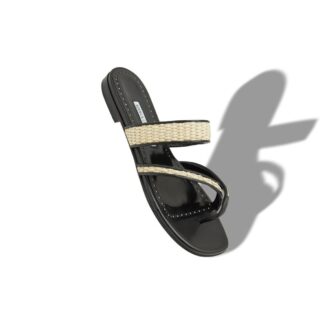 SUSARA Black and Beige Raffia Flat Sandals