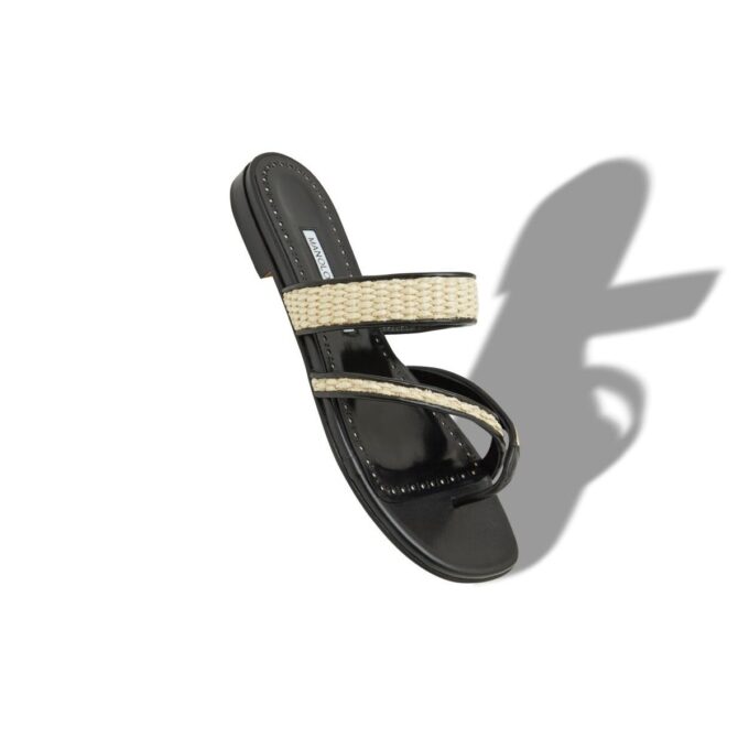 SUSARA Black and Beige Raffia Flat Sandals
