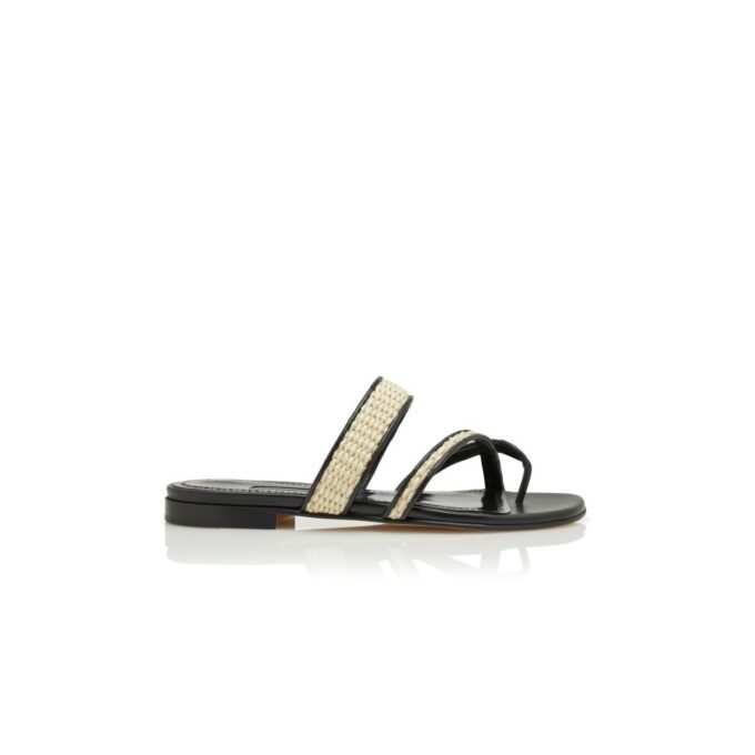 SUSARA Black and Beige Raffia Flat Sandals
