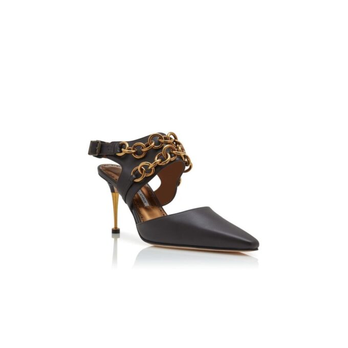 TANABE Dark Brown Calf Leather Ankle Strap Pumps