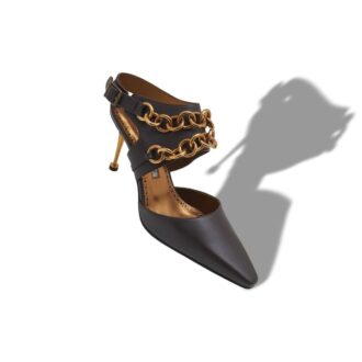 TANABE Dark Brown Calf Leather Ankle Strap Pumps