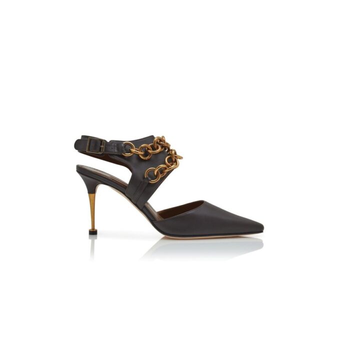 TANABE Dark Brown Calf Leather Ankle Strap Pumps